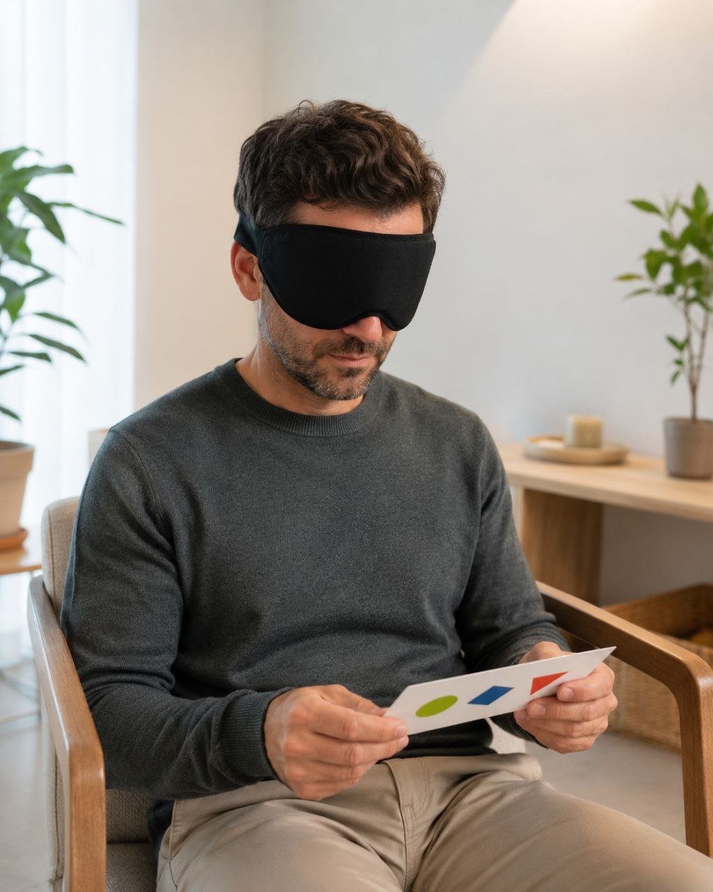 Adulto realizando un ejercicio del Método VEO con antifaz